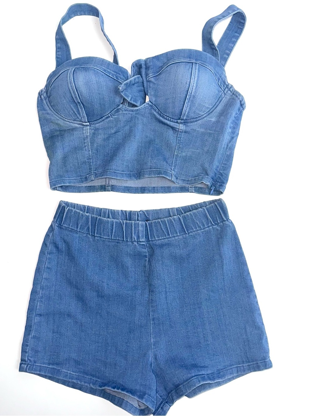 Denim Bustier Crop Top & High Waist Shorts Set - Blue